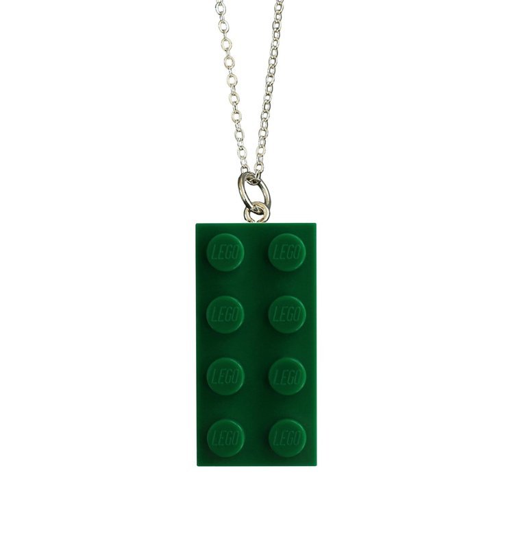 ​Dark Green LEGO® brick 2x4 on a Silver plated trace chain (18&quot; or 24&quot;)