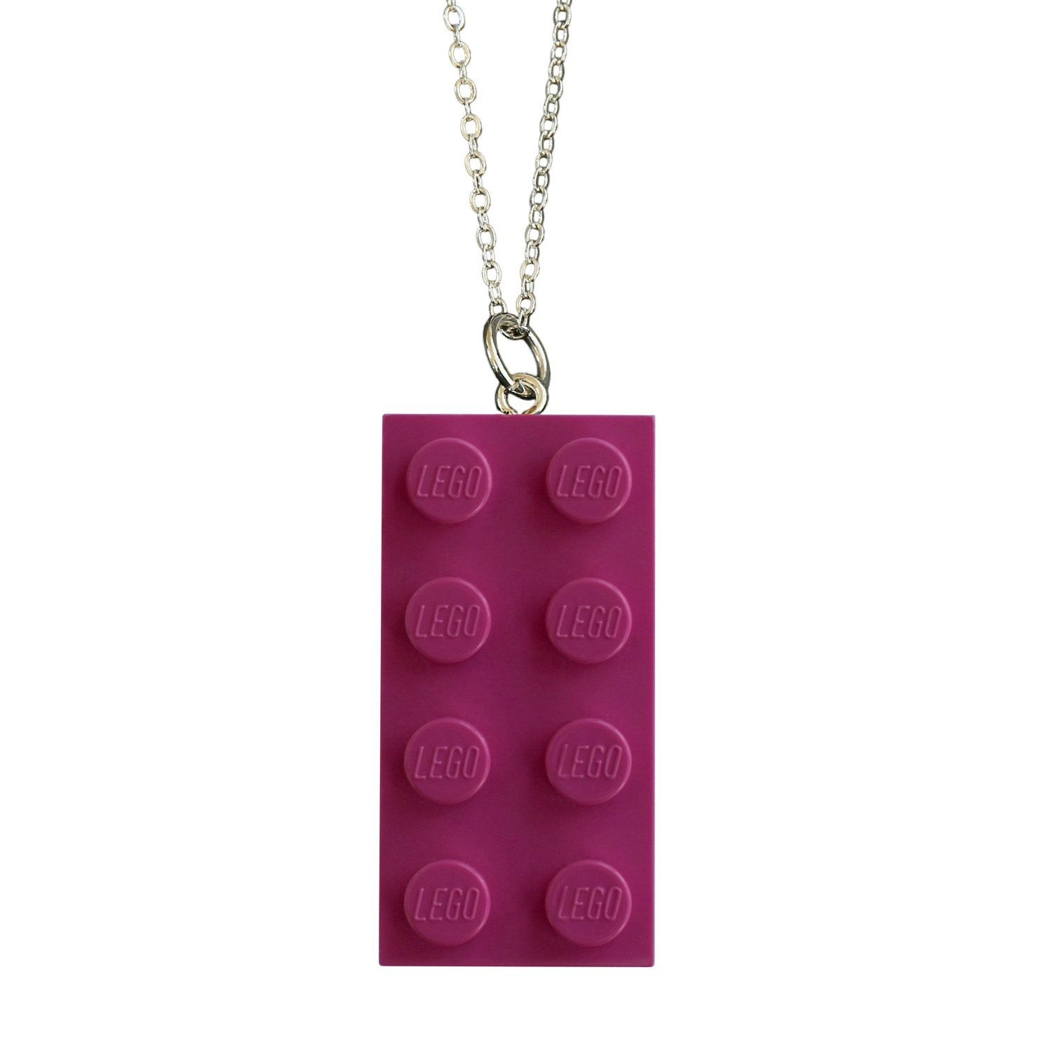 Dark Pink LEGO® brick 2x4 on a Silver plated trace chain (18&quot; or 24&quot;)