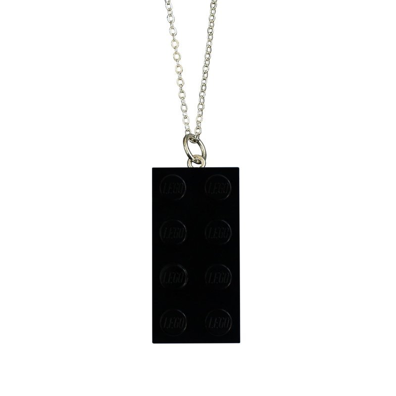 Black LEGO® brick 2x4 on a Silver plated trace chain (18&quot; or 24&quot;)