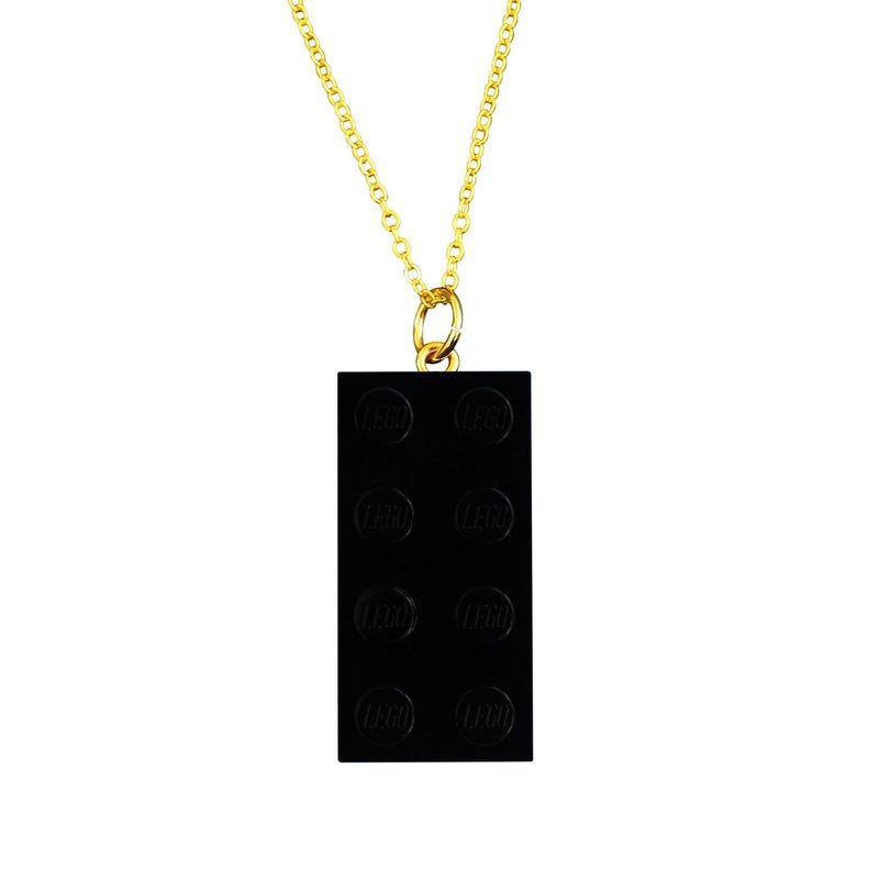 Black LEGO® brick 2x4 on a Gold plated trace chain (18&quot; or 24&quot;)