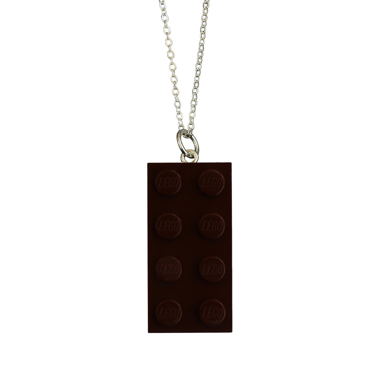 Brown LEGO® brick 2x4 on a Silver plated trace chain (18&quot; or 24&quot;)