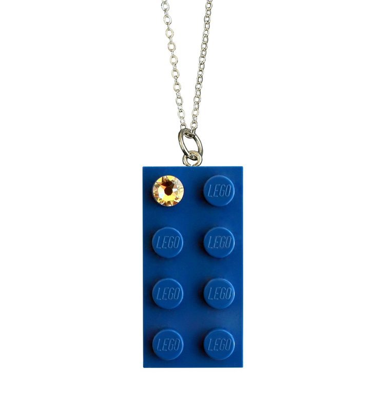 Dark Blue LEGO® brick 2x4 with a ‘Diamond’ color SWAROVSKI®​ crystal​ on a Silver plated trace chain (18&quot; or 24&quot;)