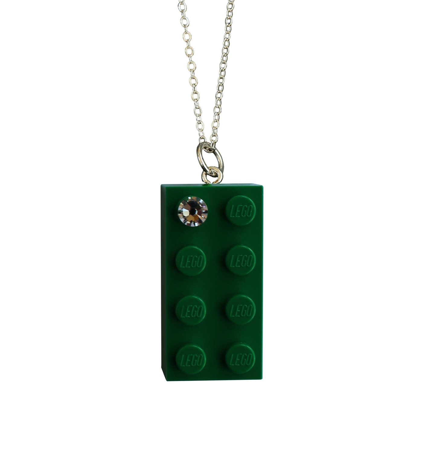 Dark Green LEGO® brick 2x4 with a ‘Diamond’ color SWAROVSKI® crystal on a Silver plated trace chain (18" or 24")