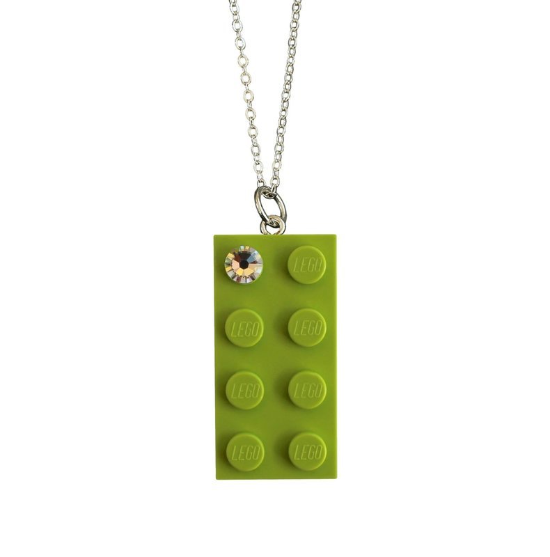 Light Green LEGO® brick 2x4 with a ‘Diamond’ color SWAROVSKI® crystal on a Silver plated trace chain (18&quot; or 24&quot;)​​