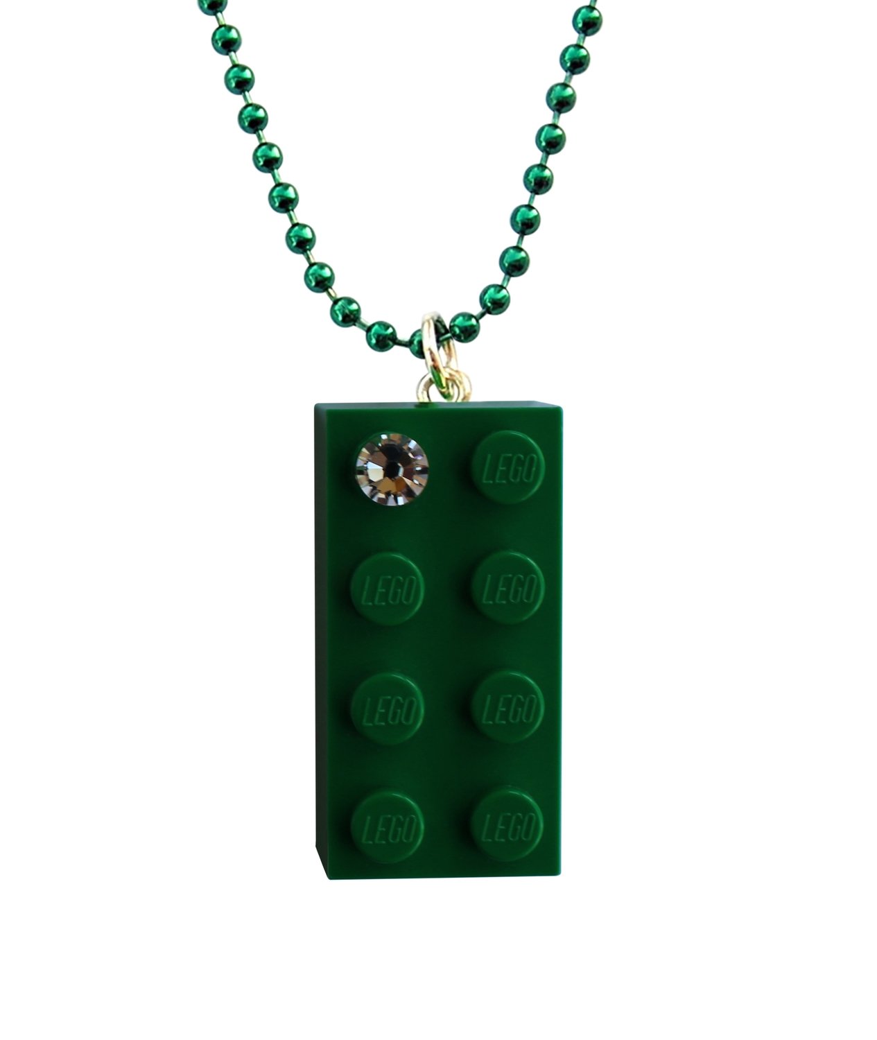 Dark Green LEGO® brick 2x4 with a ‘Diamond’ color SWAROVSKI® crystal on a 24" Green ballchain
