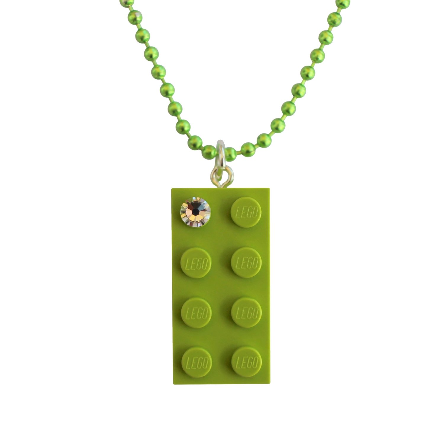 Light Green LEGO® brick 2x4 with a ‘Diamond’ color​ SWAROVSKI® crystal on a 24" Green ballchain