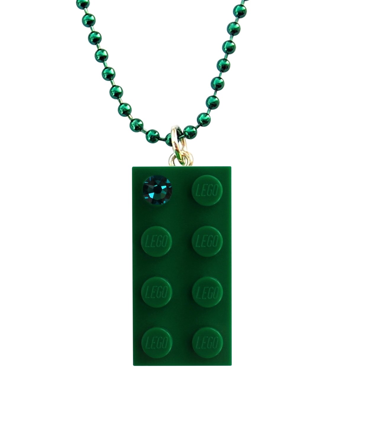 Dark Green LEGO® brick 2x4 with a Green​ SWAROVSKI® crystal on a 24&quot; Green ballchain Length of the ballchain easily reducible