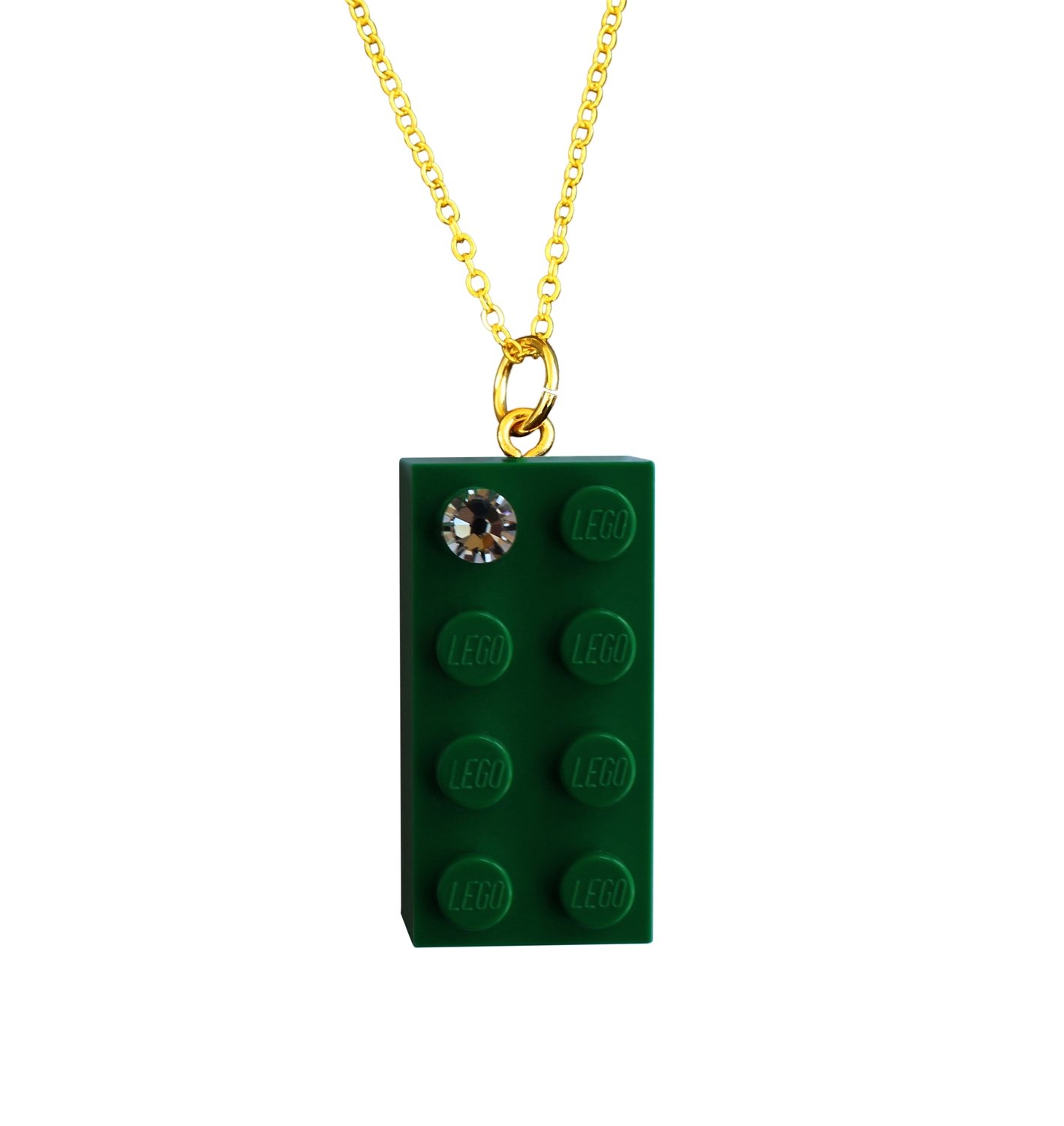 Dark Green LEGO® brick 2x4 with a ‘Diamond’ color SWAROVSKI® crystal on a Gold plated trace chain (18" or 24")