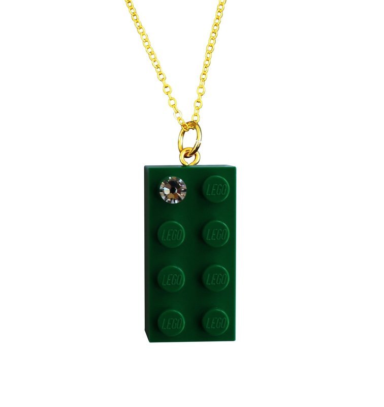 Dark Green LEGO® brick 2x4 with a ‘Diamond’ color SWAROVSKI® crystal on a Gold plated trace chain (18&quot; or 24&quot;)