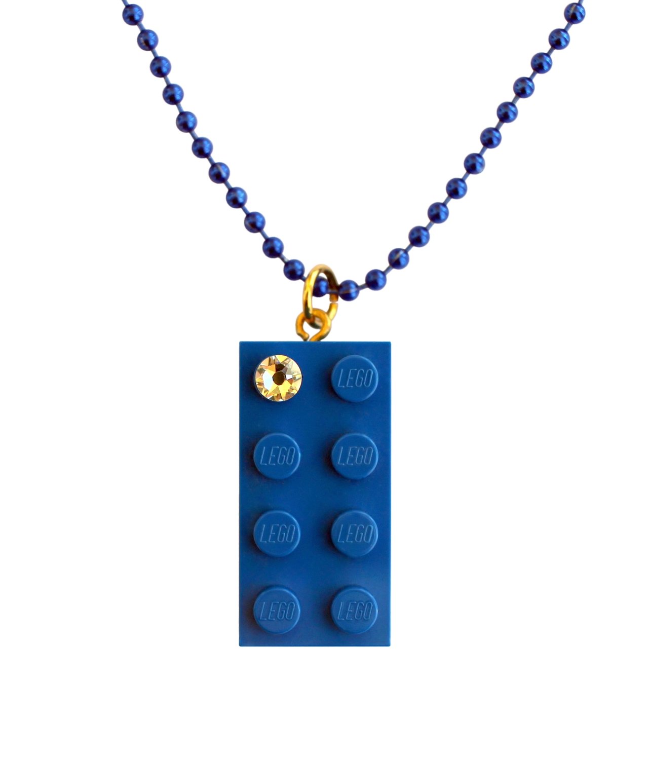 Dark Blue LEGO® brick 2x4 with a ‘Diamond’ color SWAROVSKI® crystal on a 24" Blue ballchain