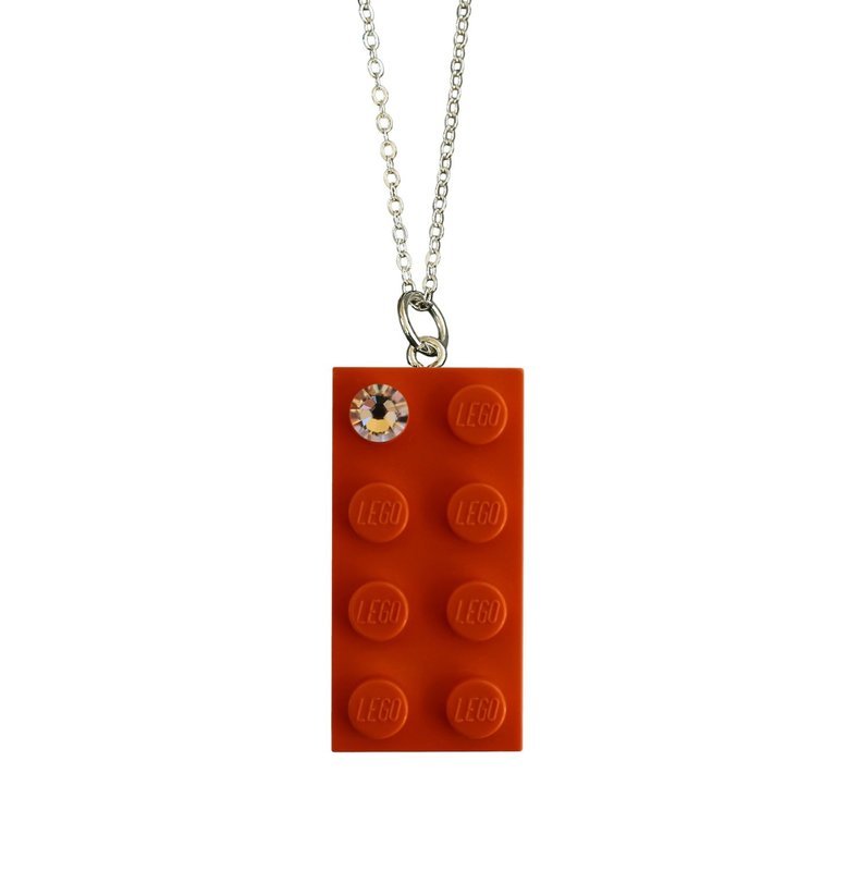 Orange LEGO® brick 2x4 with a ‘Diamond’ color SWAROVSKI® crystal on a Silver plated trace chain (18&quot; or 24&quot;)
