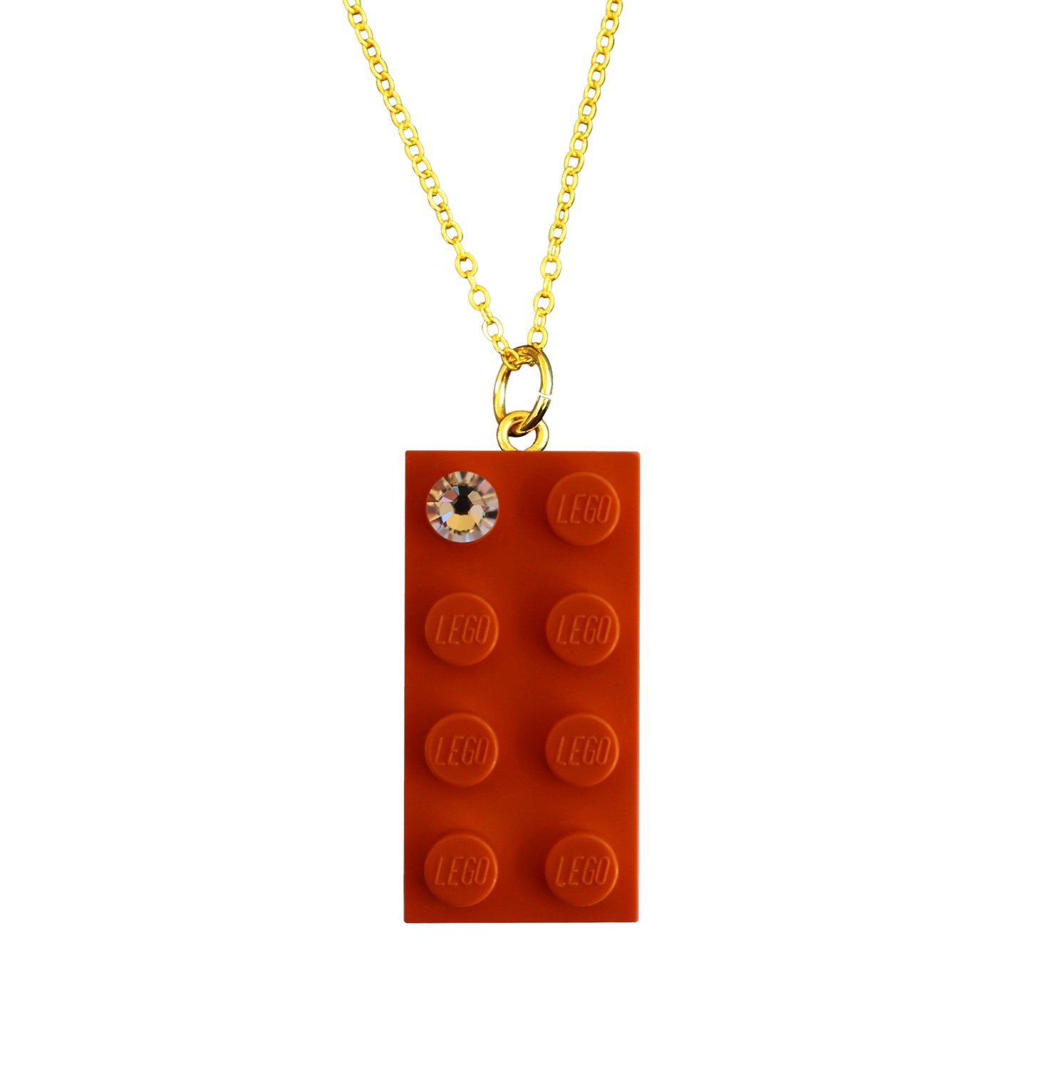 ​Orange LEGO® brick 2x4 with a ‘Diamond’ color SWAROVSKI® crystal on a Gold plated trace chain (18" or 24")