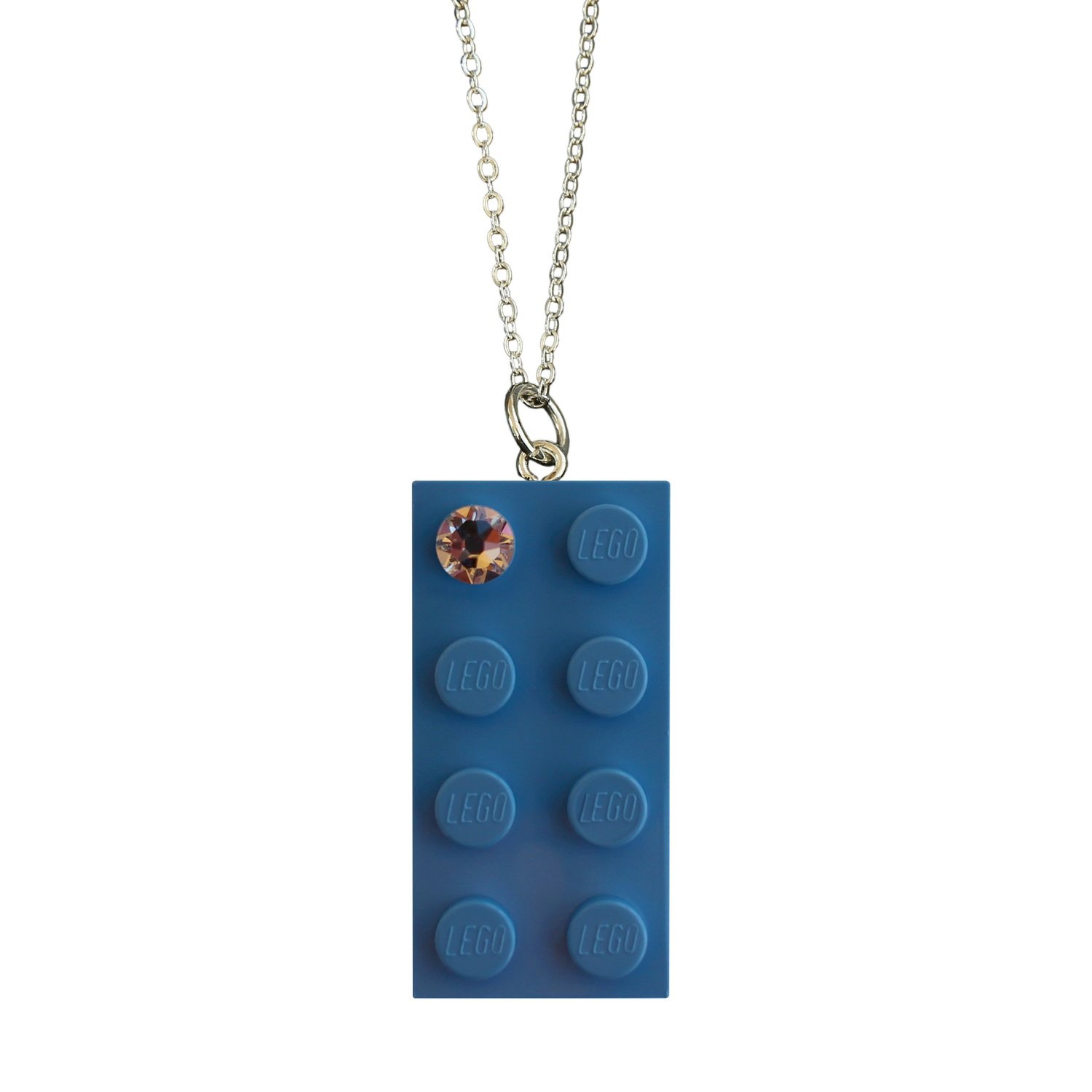 ​Light Blue LEGO® brick 2x4 with a ‘Diamond’ color SWAROVSKI® crystal on a Silver plated trace chain (18" or 24")