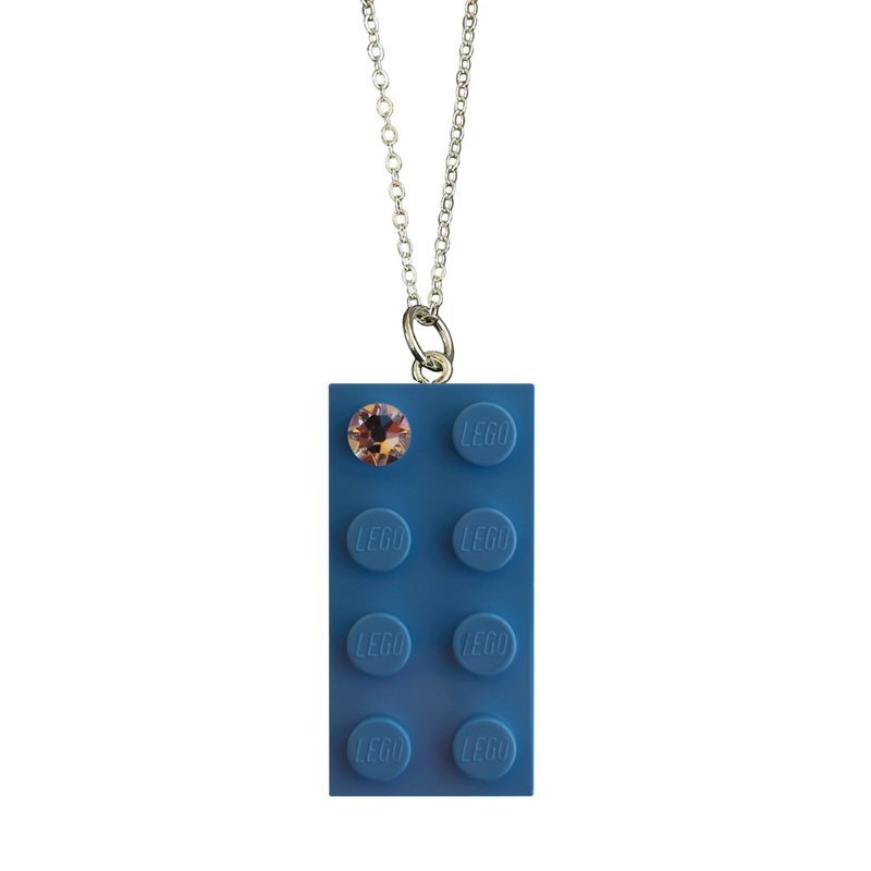 ​Light Blue LEGO® brick 2x4 with a ‘Diamond’ color SWAROVSKI® crystal on a Silver plated trace chain (18&quot; or 24&quot;)