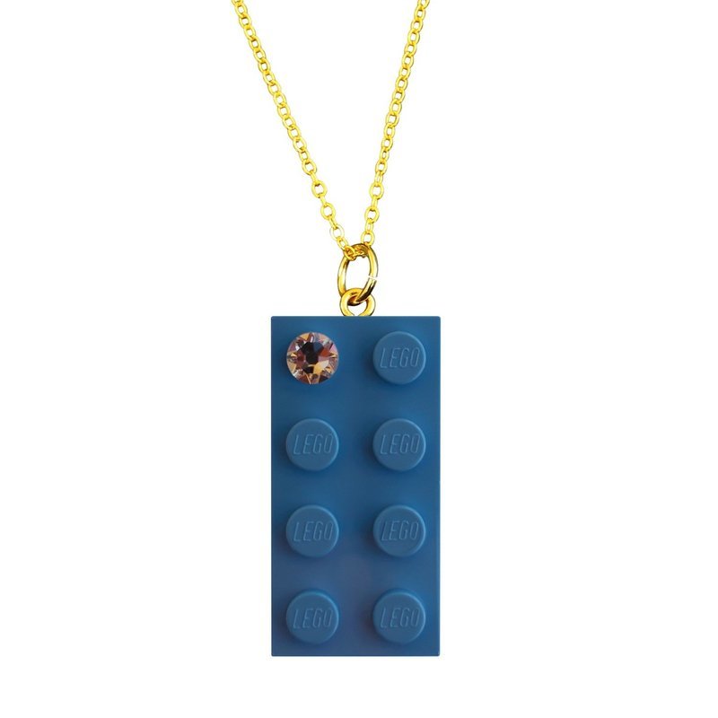 Light Blue LEGO® brick 2x4 with a ‘Diamond’ color SWAROVSKI® crystal on a Gold plated trace chain (18&quot; or 24&quot;)
