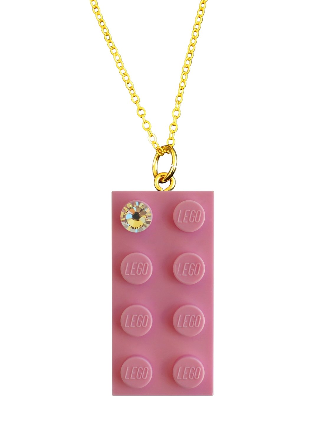 Light Pink LEGO® brick 2x4 with a ‘Diamond’ color SWAROVSKI® crystal on a Gold plated trace chain (18" or 24")