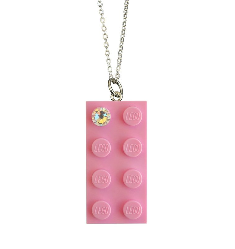​Light Pink LEGO® brick 2x4 with a ‘Diamond’ color SWAROVSKI® crystal on a Silver plated trace chain (18&quot; or 24&quot;)