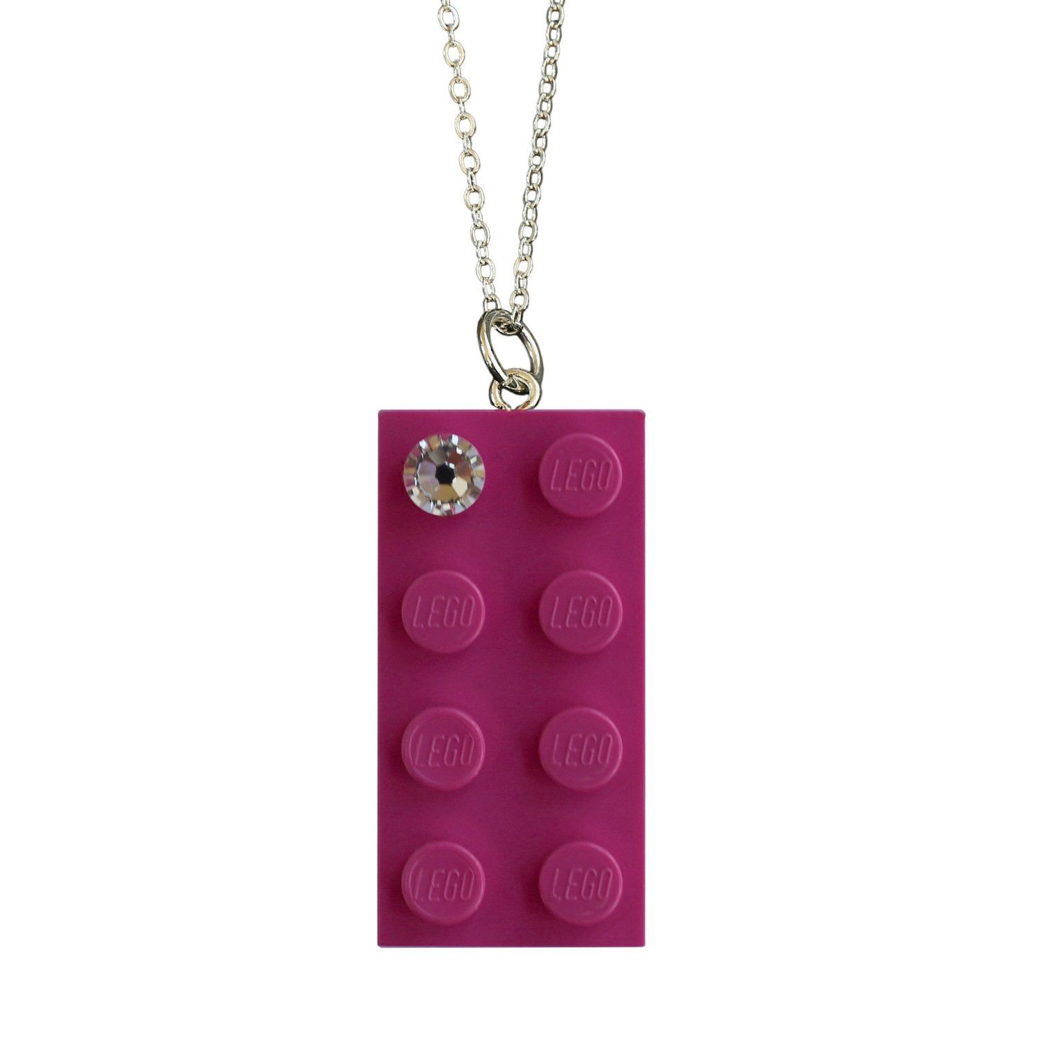Dark Pink LEGO® brick 2x4 with a ‘Diamond’ color SWAROVSKI® crystal on a Silver plated trace chain (18" or 24")