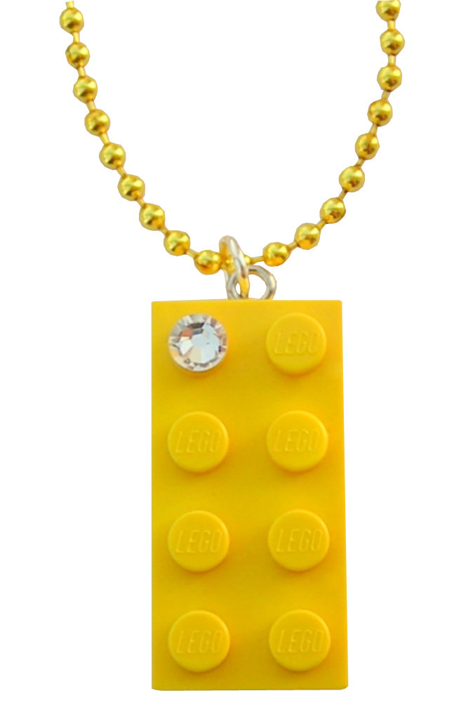 Yellow LEGO® brick 2x4 with a ‘Diamond’ color SWAROVSKI® crystal on a 24&quot; Yellow ballchain