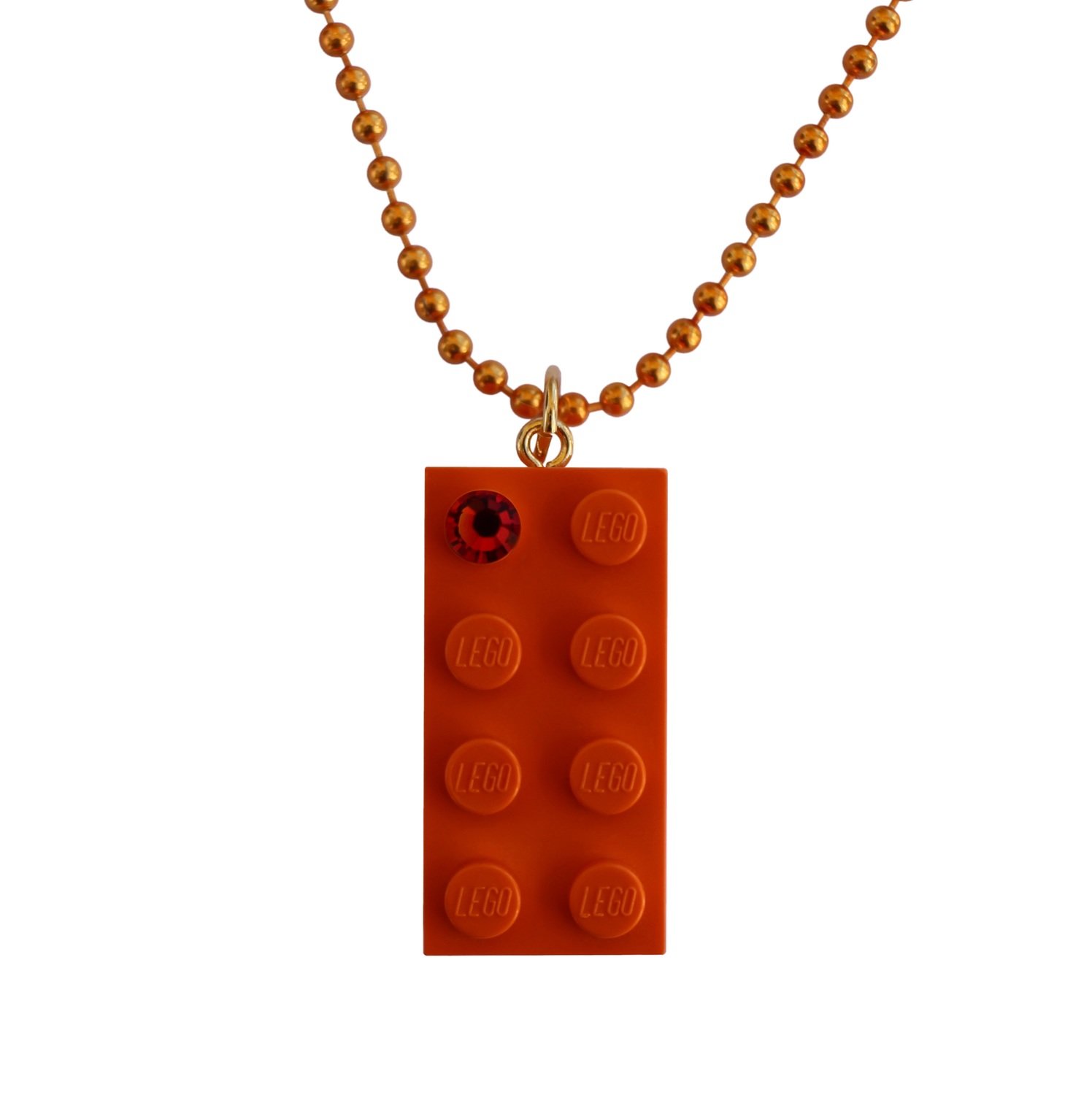 Orange LEGO® brick 2x4 with an Orange SWAROVSKI® crystal on a 24" Orange ballchain