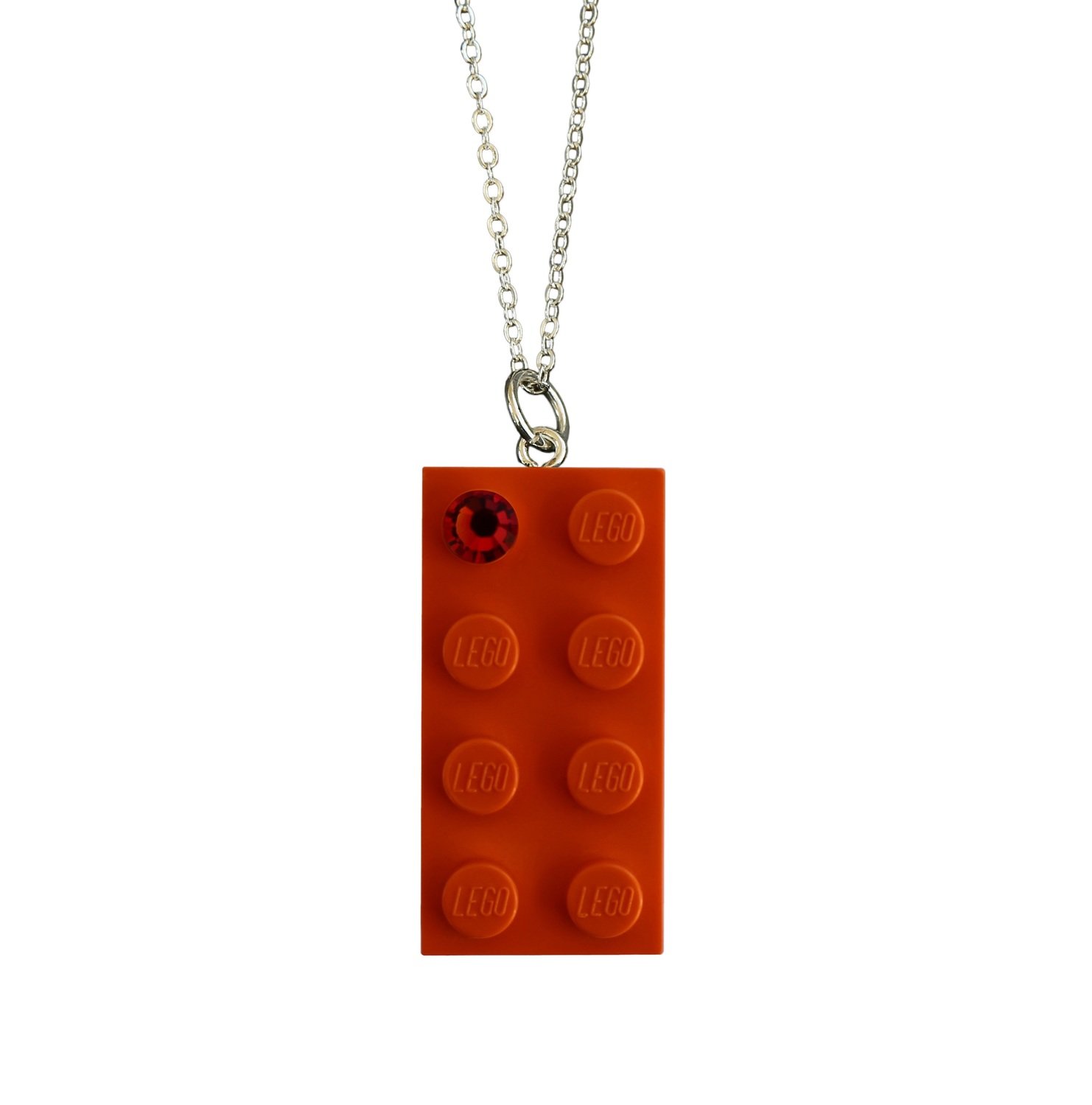 Orange LEGO® brick 2x4 with an Orange SWAROVSKI® crystal on a Silver plated trace chain (18&quot; or 24&quot;)