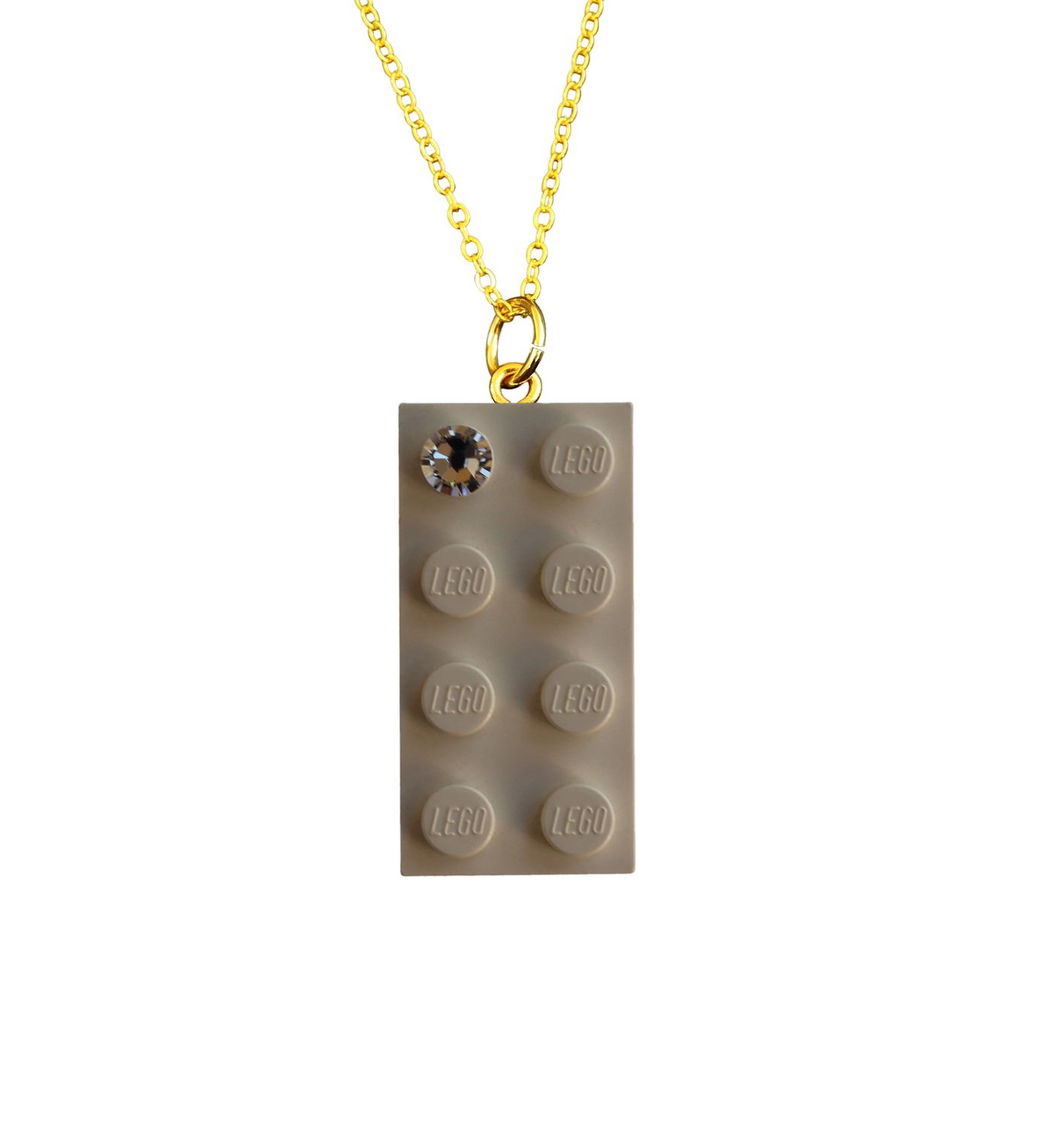 White LEGO® brick 2x4 with a ‘Diamond’ color SWAROVSKI® crystal on a Gold plated trace chain (18" or 24")