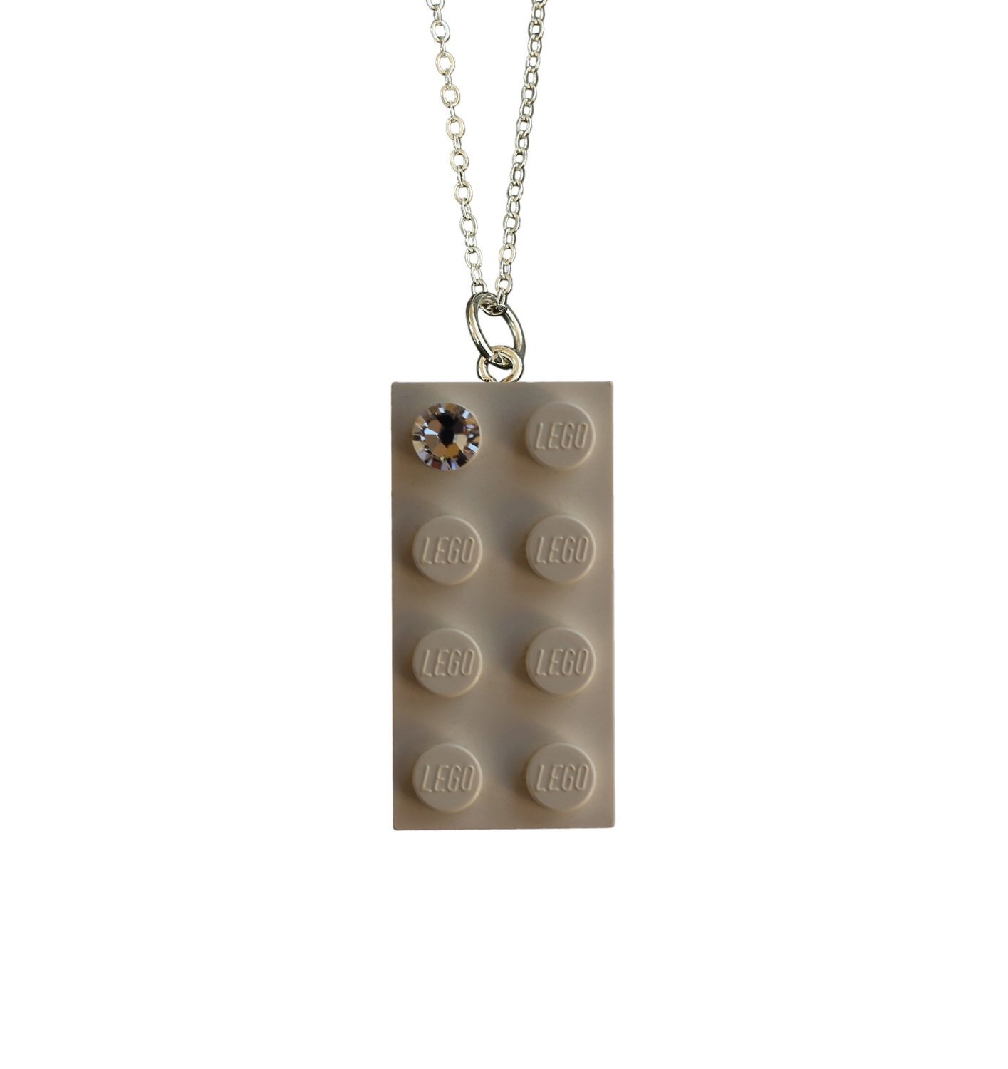 ​White LEGO® brick 2x4 with a ‘Diamond’ color SWAROVSKI® crystal on a Silver plated trace chain (18" or 24")