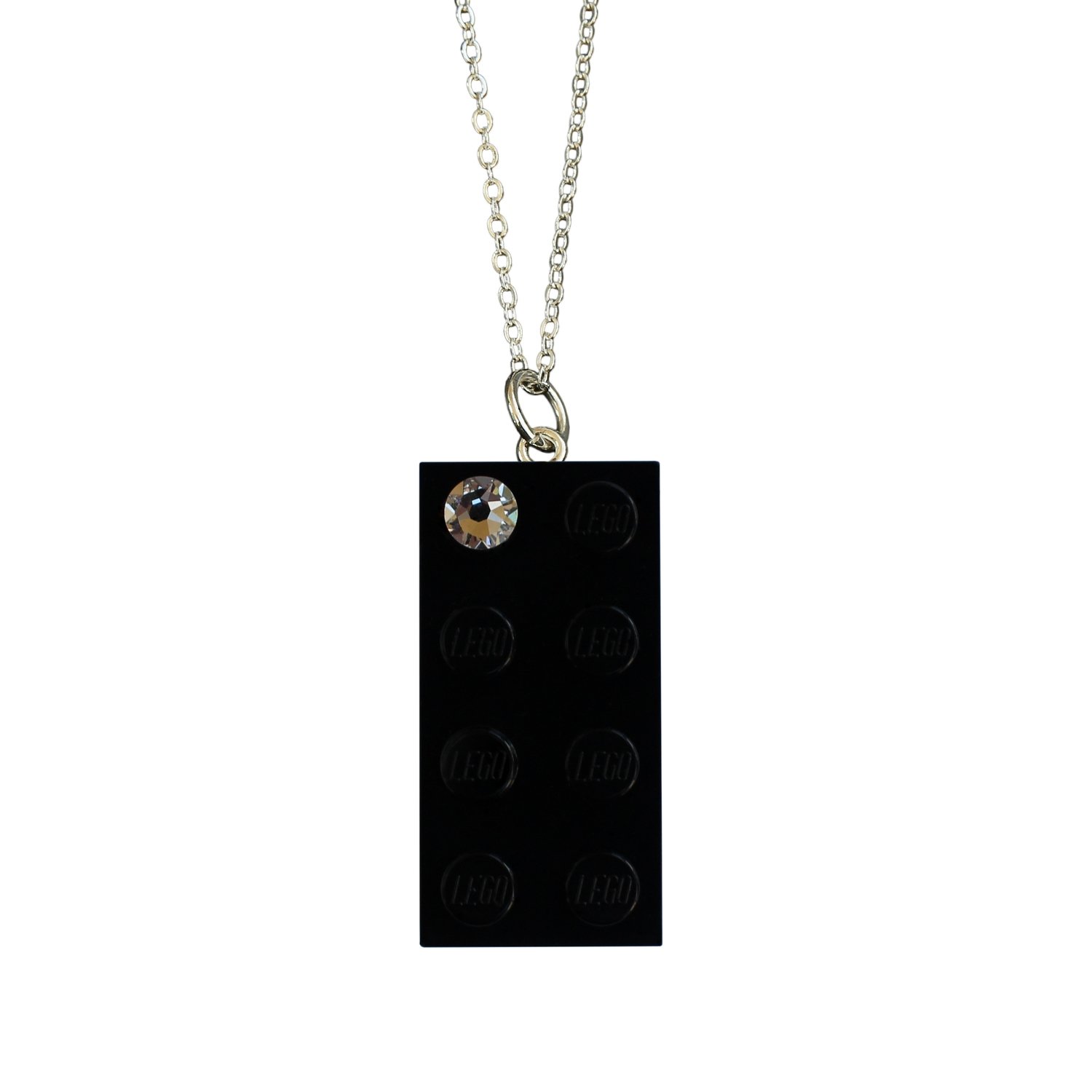Black LEGO® brick 2x4 with a ‘Diamond’ color SWAROVSKI® crystal on a Silver plated trace chain (18" or 24")