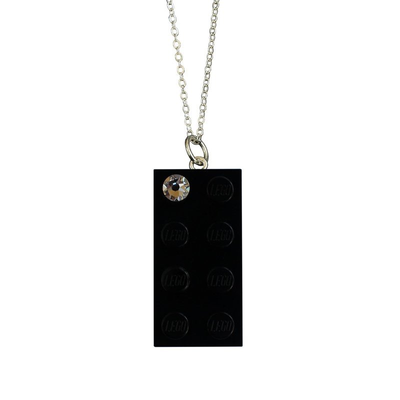 Black LEGO® brick 2x4 with a ‘Diamond’ color SWAROVSKI® crystal on a Silver plated trace chain (18&quot; or 24&quot;)