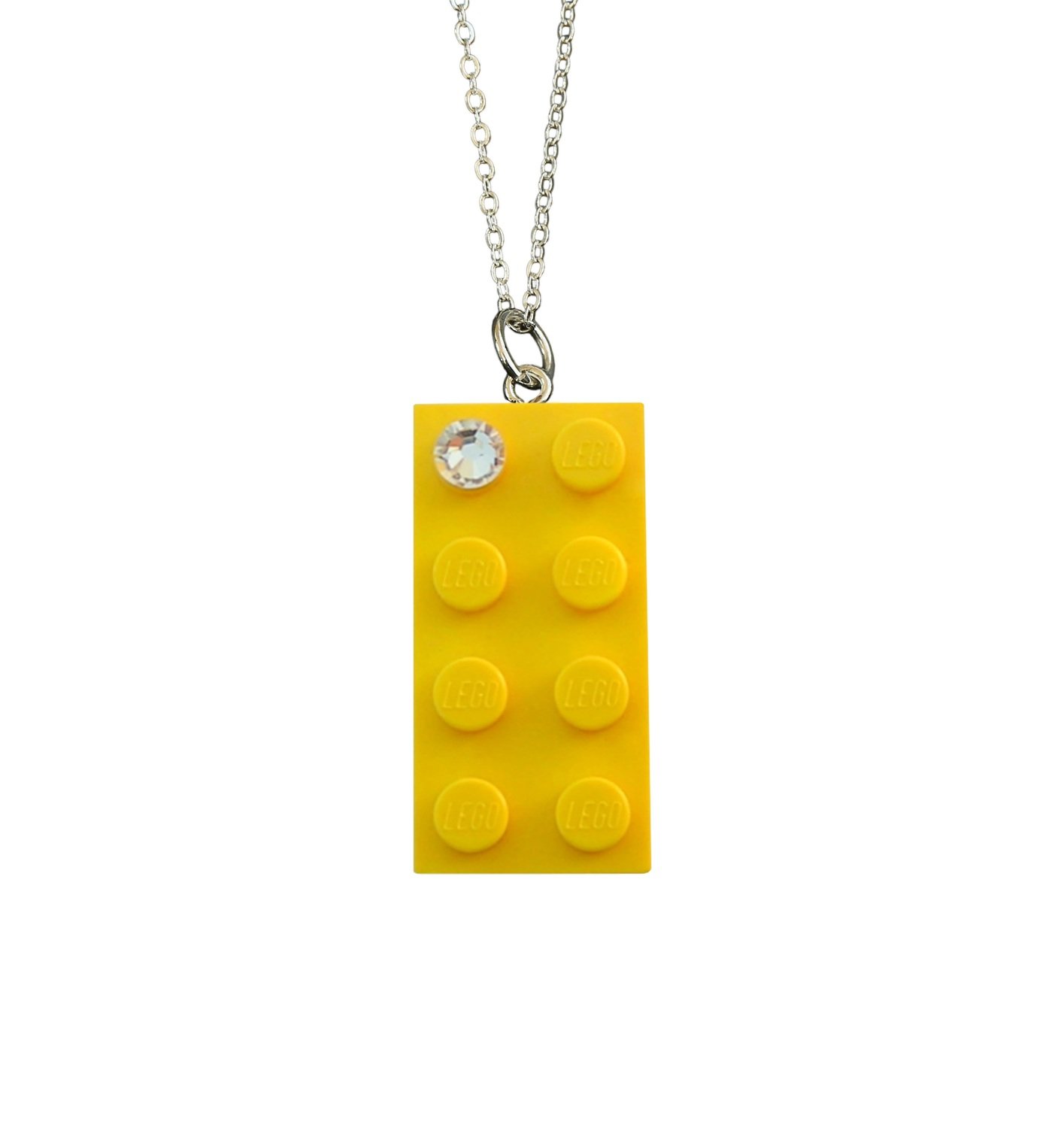 ​Yellow LEGO® brick 2x4 with a ‘Diamond’ color SWAROVSKI® crystal on a Silver plated trace chain (18" or 24")