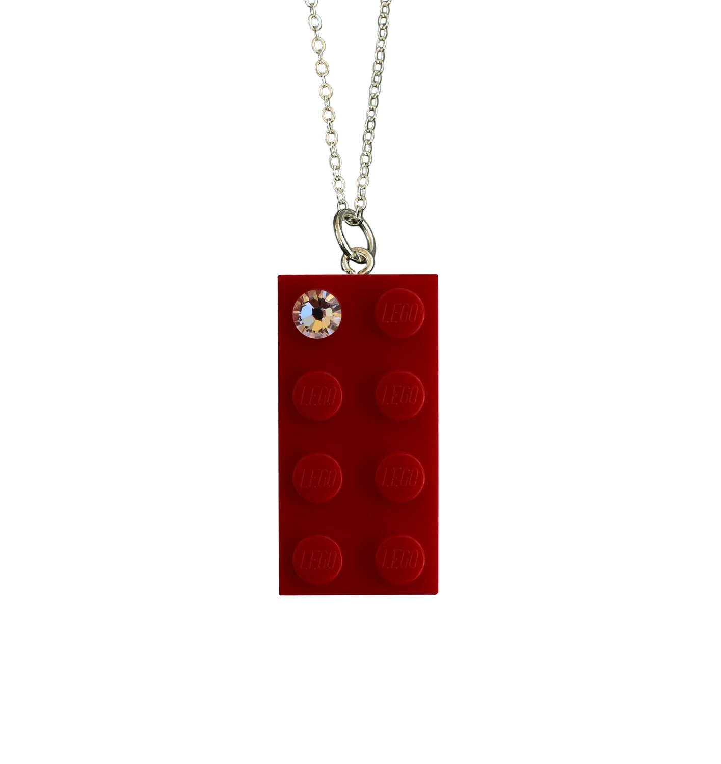 Red LEGO® brick 2x4 with a ‘Diamond’ color SWAROVSKI® crystal on a Silver plated trace chain (18" or 24")