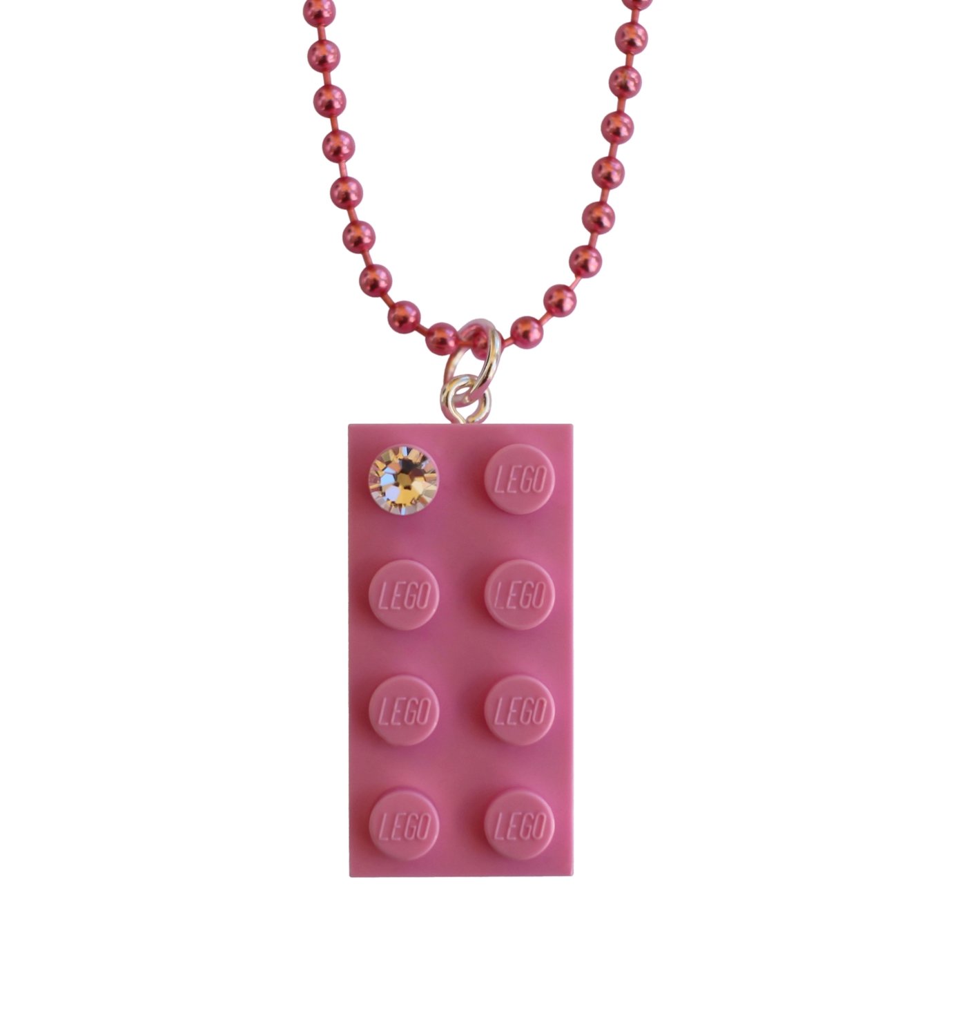 Light Pink LEGO® brick 2x4 with a ‘Diamond’ color SWAROVSKI® crystal on a 24" Pink ballchain