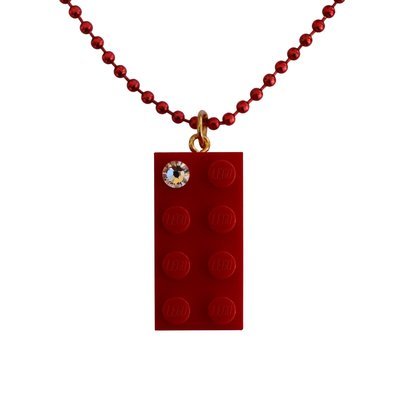 Red LEGO® brick 2x4 with a ‘Diamond’ color SWAROVSKI® crystal on a 24" Red ballchain​