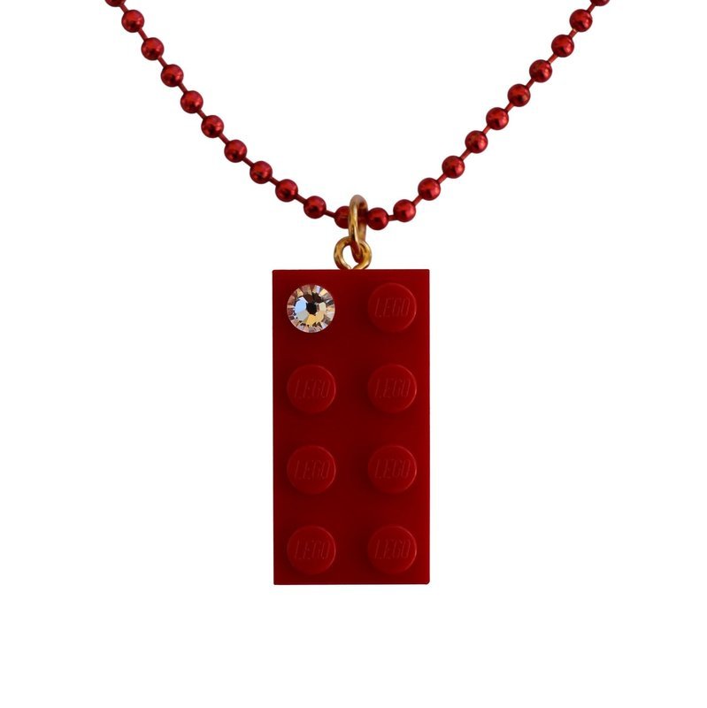 Red LEGO® brick 2x4 with a ‘Diamond’ color SWAROVSKI® crystal on a 24&quot; Red ballchain​