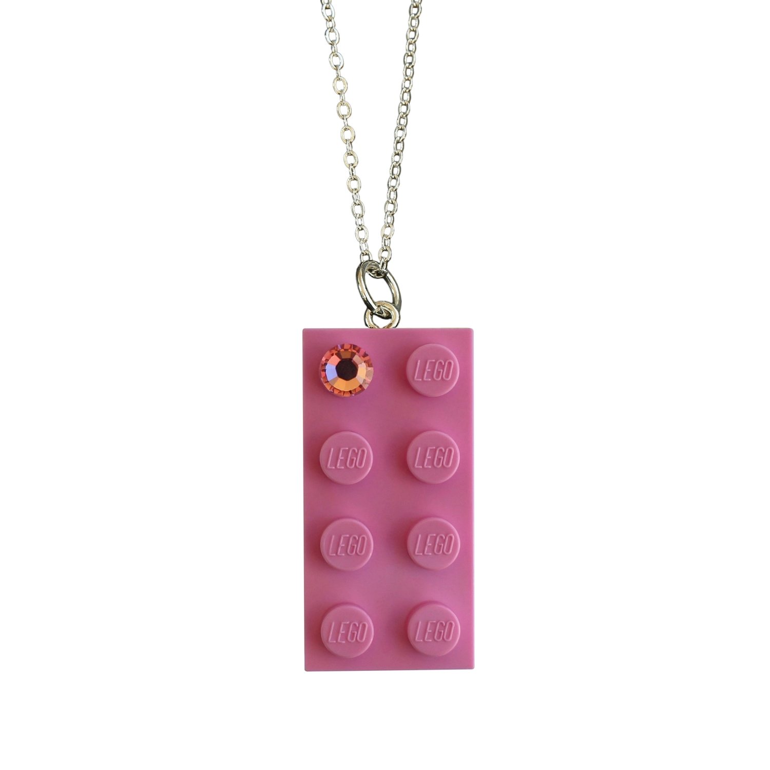 Light Pink LEGO® brick 2x4 with a Pink SWAROVSKI® crystal on a Silver plated trace chain (18" or 24")