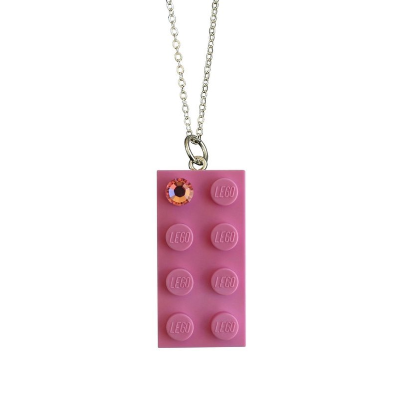 Light Pink LEGO® brick 2x4 with a Pink SWAROVSKI® crystal on a Silver plated trace chain (18&quot; or 24&quot;)