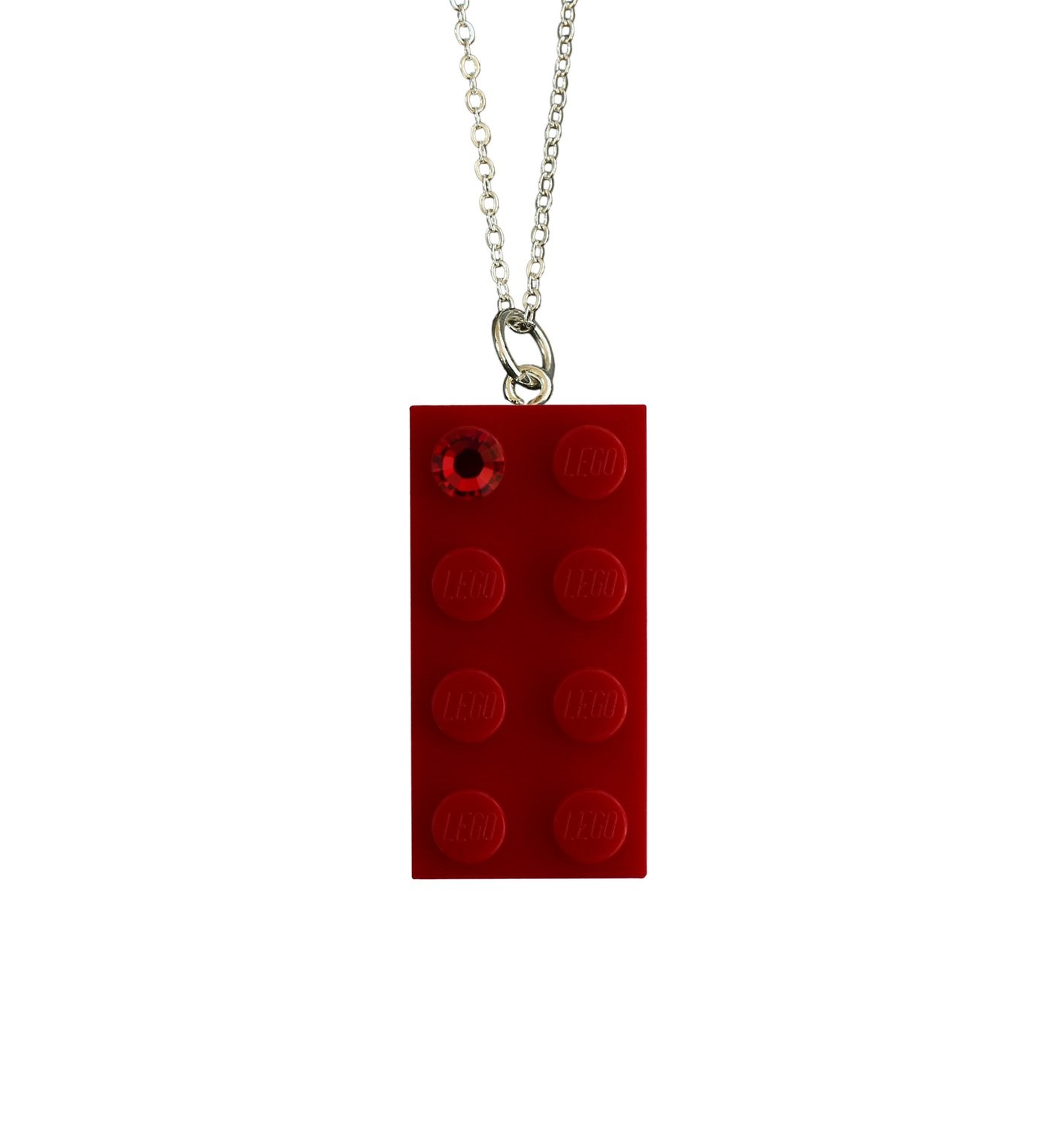 Red LEGO® brick 2x4 with a Red SWAROVSKI® crystal on a Silver plated trace chain (18" or 24")​