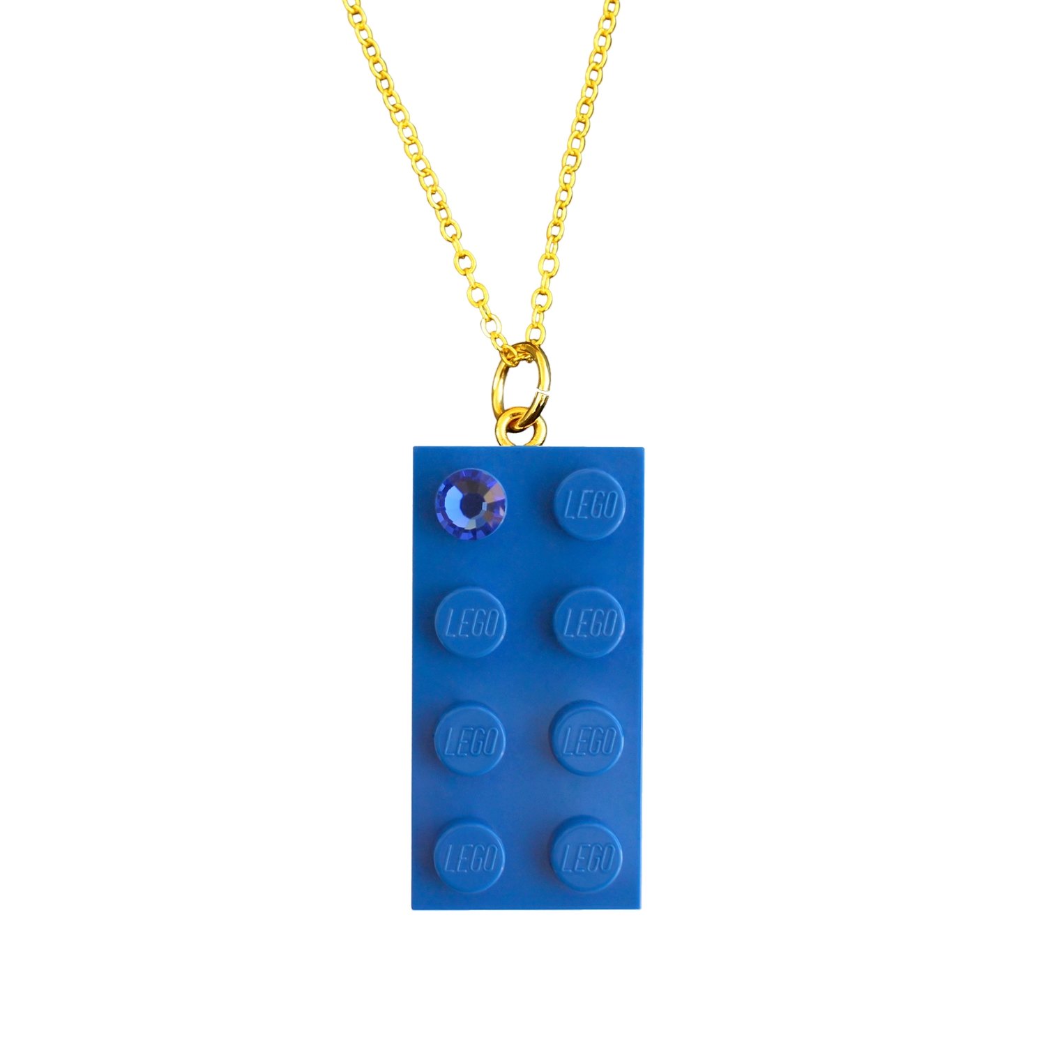 Dark Blue LEGO® brick 2x4 with a Blue SWAROVSKI® crystal on a Gold plated trace chain (18" or 24")