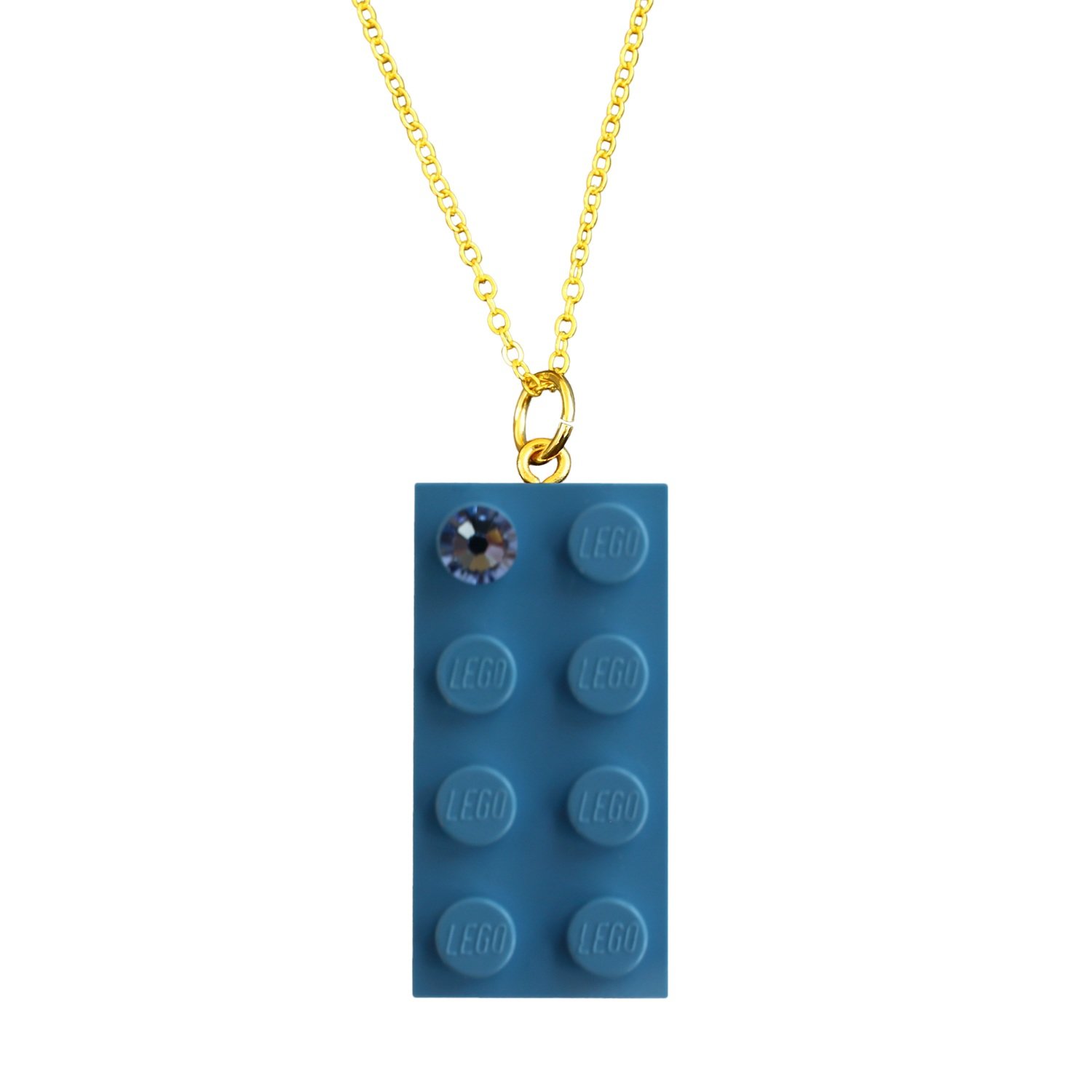 Light Blue LEGO® brick 2x4 with a Blue SWAROVSKI® crystal on a Gold plated trace chain (18&quot; or 24&quot;)
