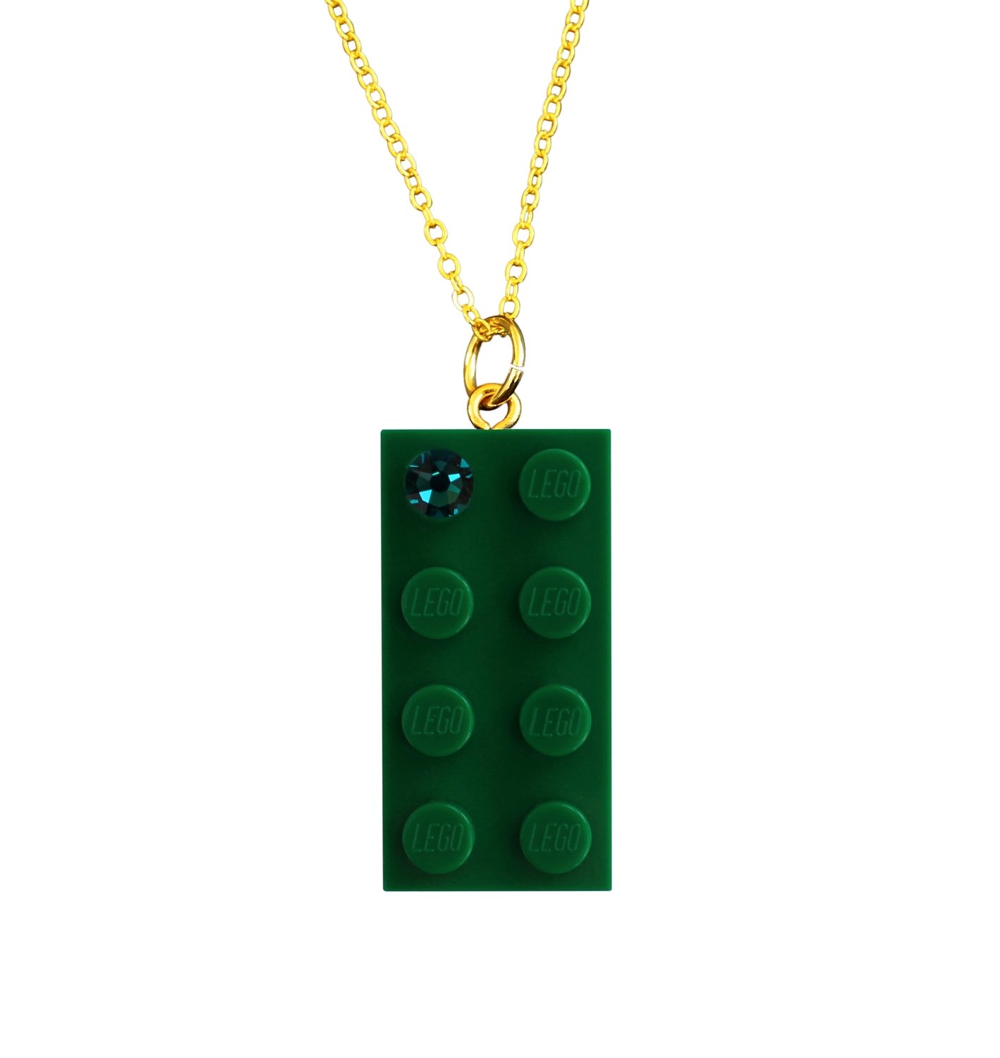 Dark Green LEGO® brick 2x4 with a Green SWAROVSKI® crystal on a Gold plated trace chain (18" or 24")