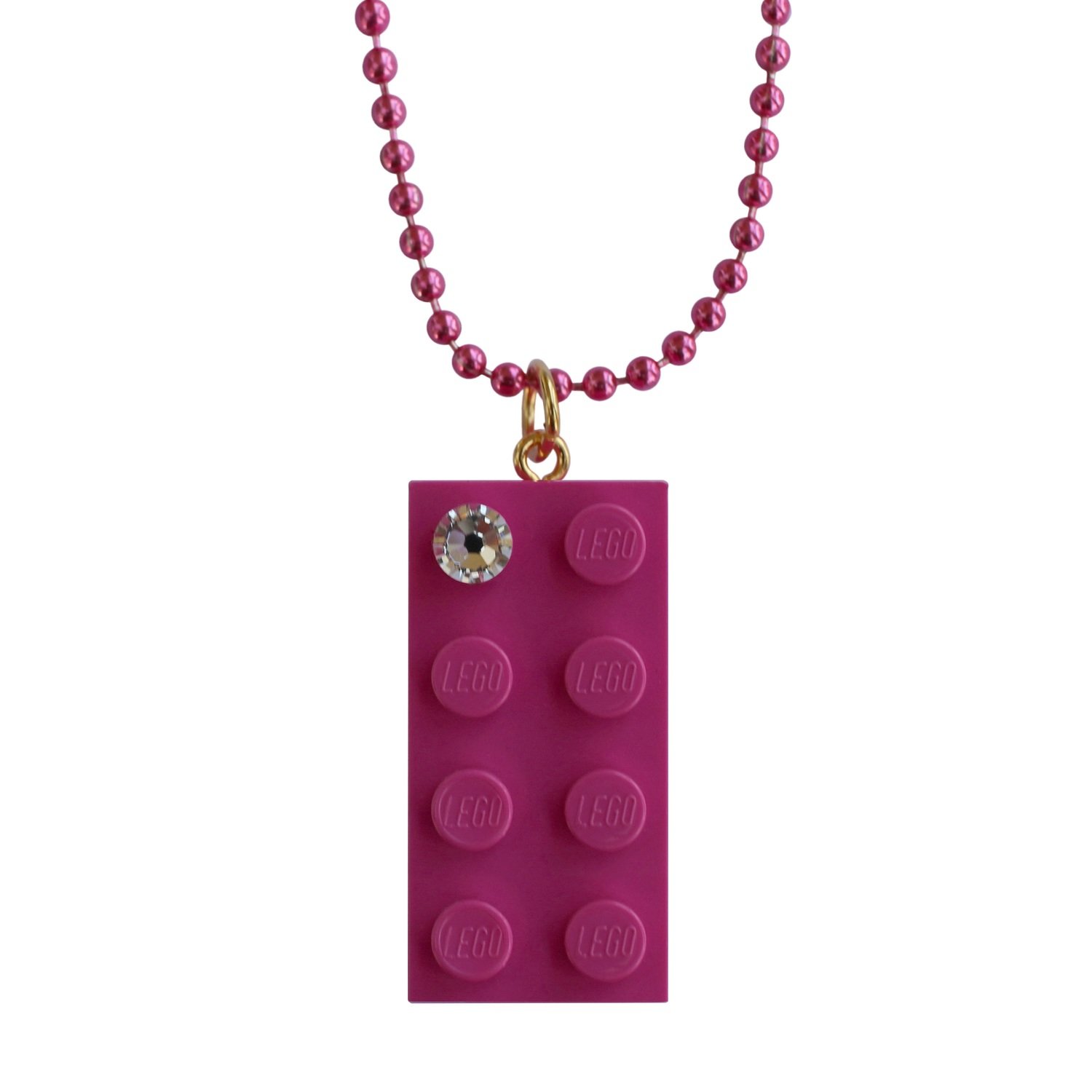 Dark Pink LEGO® brick 2x4 with a ‘Diamond’ color​ SWAROVSKI® crystal on a 24" Pink ballchain