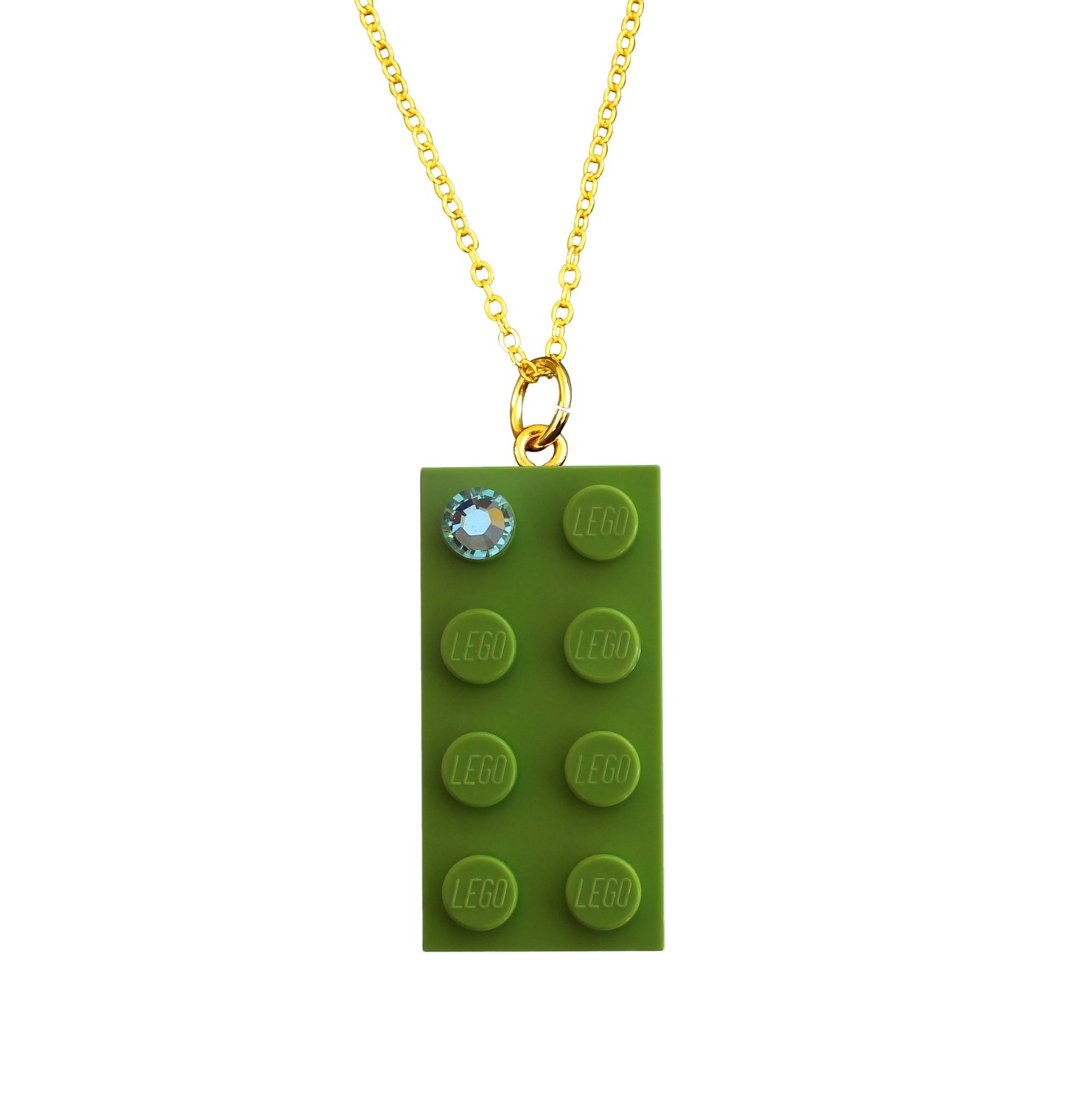 Light Green LEGO® brick 2x4 with a Green SWAROVSKI® crystal​ on a Gold plated trace chain (18" or 24")