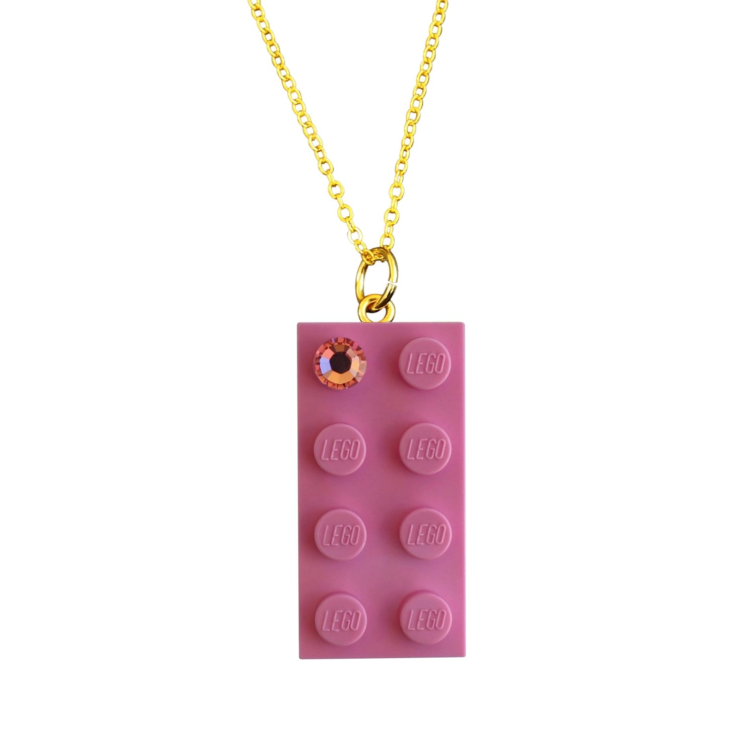Light Pink LEGO® brick 2x4 with a Pink SWAROVSKI® crystal on a Gold plated trace chain (18" or 24")​