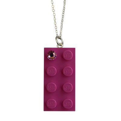 Dark Pink LEGO® brick 2x4 with a Pink SWAROVSKI® crystal on a Silver plated trace chain (18" or 24")​