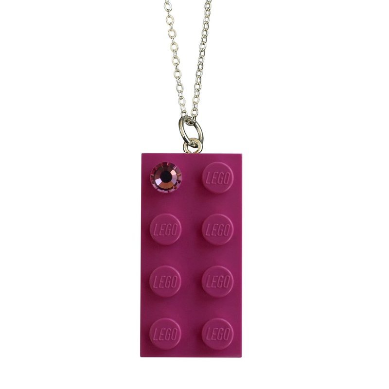 Dark Pink LEGO® brick 2x4 with a Pink SWAROVSKI® crystal on a Silver plated trace chain (18&quot; or 24&quot;)​