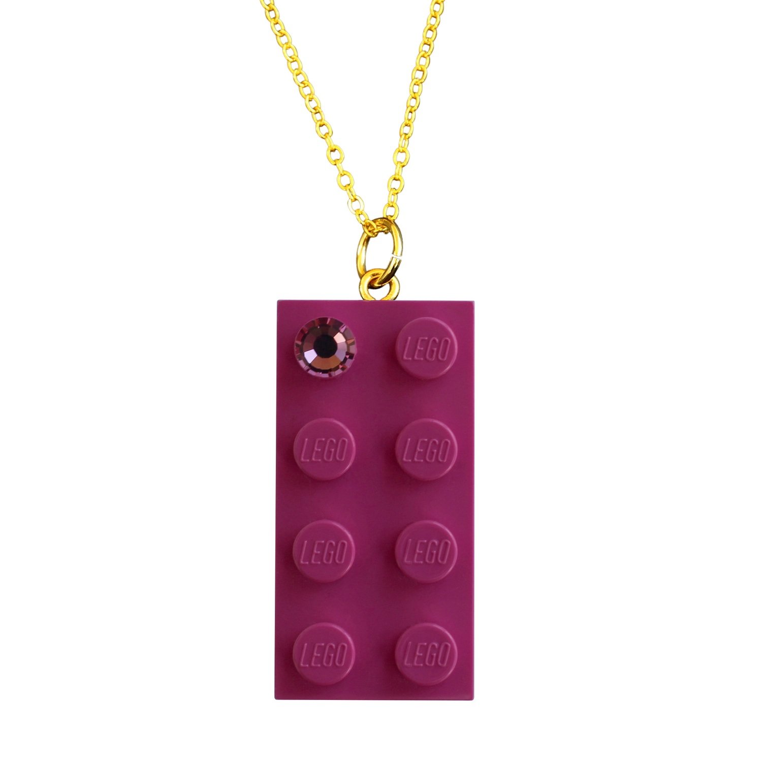 Dark Pink LEGO® brick 2x4 with a Pink SWAROVSKI® crystal on a Gold plated trace chain (18" or 24")