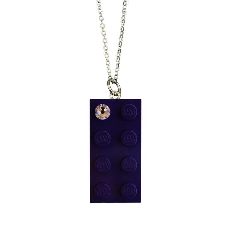 Purple LEGO® brick 2x4 with a ‘Diamond’ color SWAROVSKI® crystal on a Silver plated trace chain (18&quot; or 24&quot;)