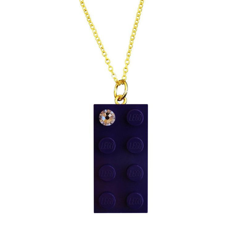 Purple LEGO® brick 2x4 with a ‘Diamond’ color SWAROVSKI® crystal on a Gold plated trace chain (18&quot; or 24&quot;)