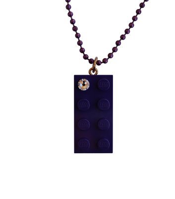 Purple LEGO® brick 2x4 with a ‘Diamond’ color SWAROVSKI® crystal on a 24" Purple ballchain​