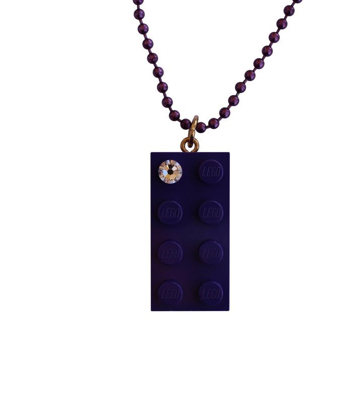 Purple LEGO® brick 2x4 with a ‘Diamond’ color SWAROVSKI® crystal on a 24&quot; Purple ballchain​